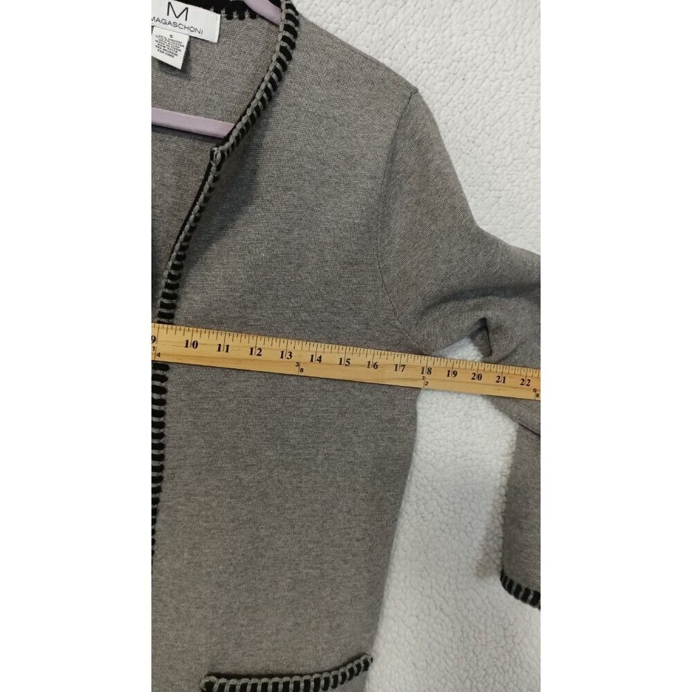Magaschoni Open Front Cardigan Gray Black Trim Size S Long Midi Blazer Sweater - Picture 13 of 15